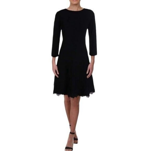 NEW w/tag Nanette Lepore Black Knit Embroidered Lace Trim Dress Size Large - Picture 1 of 10